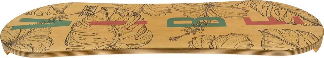 Balance Board i lyst treverk med sorte bladmønstre og røde og grønne grafiske detaljer, sett fra siden.