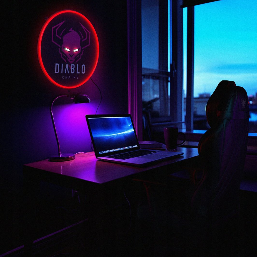 Tredemølle hjemme gamingoppsett med Diablo Chairs Neon LED neonskilt og lilla rødt lys.