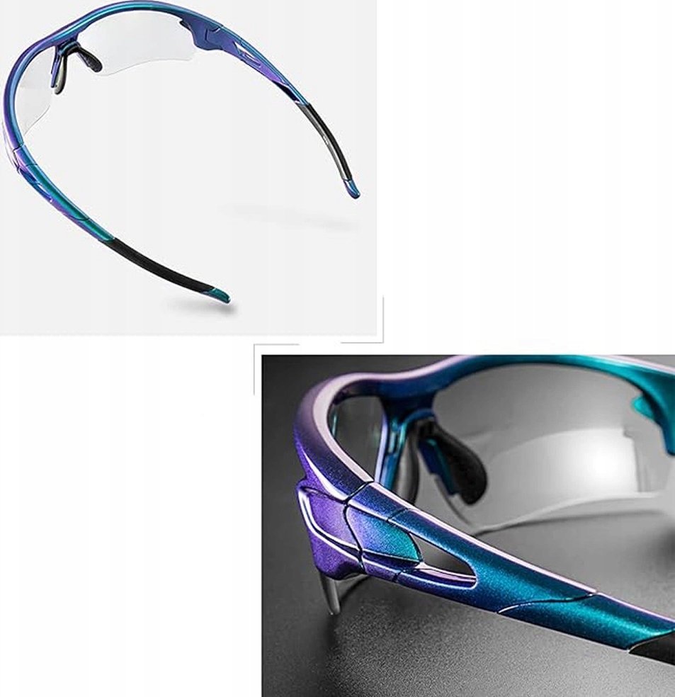 Sportsbriller med klare linser, blå og lilla metallisk ramme, sorte detaljer, vises fra siden og nærbilde av rammen.