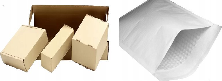 Sykkelbriller leveres i fire brune pappesker i ulike størrelser og en hvit boblekonvolutt, sett fra siden.