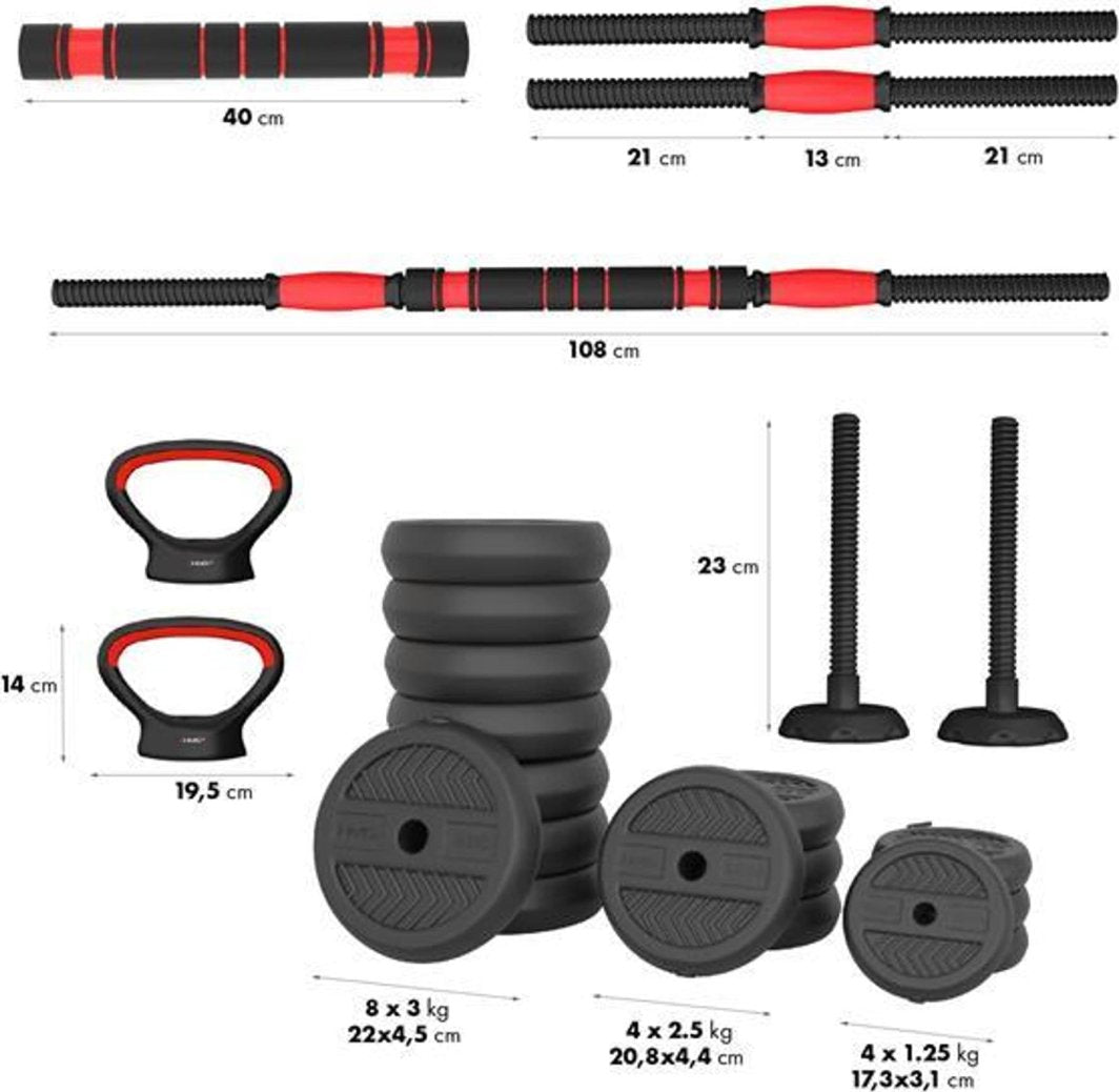 Manualsett med sorte og røde stenger, håndtak og ulike sorte vektskiver, samt mål og komponentoversikt.