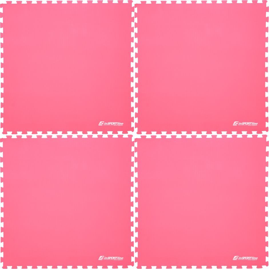 Treningsmatte i rosa skum, fire kvadratiske matter med hvite kanter koblet sammen, logo nederst.