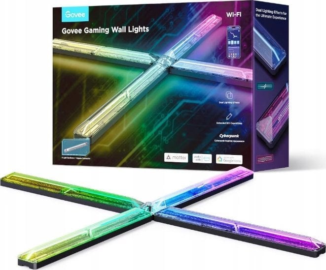 Tredemølle vegglampe Gaming Lys Veggpanel RGBIC i kryssform med pakkeboks og app-visning.