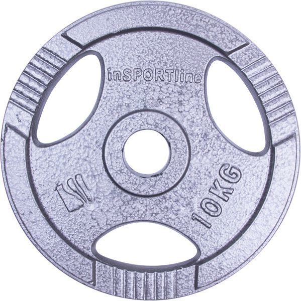 Vektplate i sølvfarget stål med tre gripehull, 10 kg og InSPORTline-logo preget, sett rett forfra.