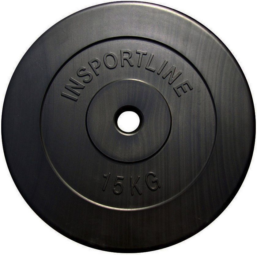 Vektskive 15kg i svart plastbelegg, sett forfra med tydelig hull og preget tekst "INSPORTLINE" og "15 KG".