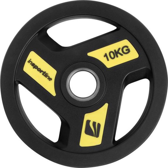 Vektskive 10 kg, olympisk modell med 50 mm hull og gripehull, sort gummiert overflate, sett fra siden.