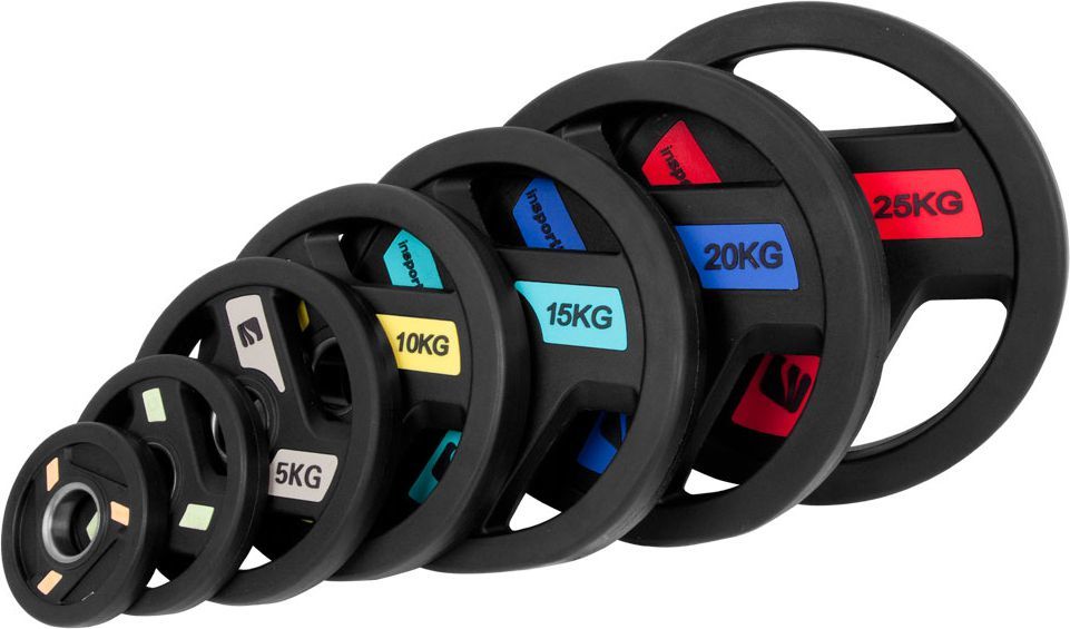 Vektplate stablede sorte vektskiver med fargede markeringer og vektangivelser fra 1,25 til 25 kg, sett fra siden.