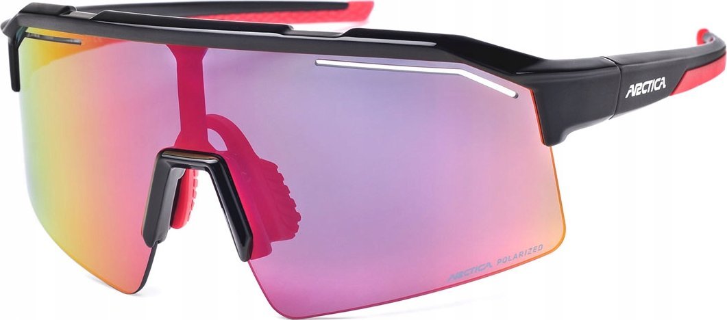 Sportsbriller med store, speilende linser i rosa og oransje, sort ramme, røde detaljer og polstret nesepute.