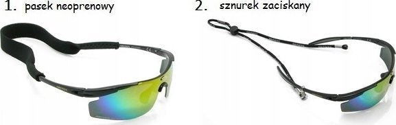 Sportsbriller med speilglass, én med sort neoprenreim og én med justerbar sort snor, sett fra skrå front.