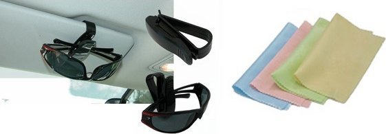 Løpebriller plassert i sort solbrilleholder på bilsolskjerm, med fire fargede mikrofiberkluter ved siden av.