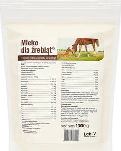 Melkeerstatning i hvit plastpose med etikett, innholdsfortegnelse, næringstabell og illustrasjon av hest og føll.
