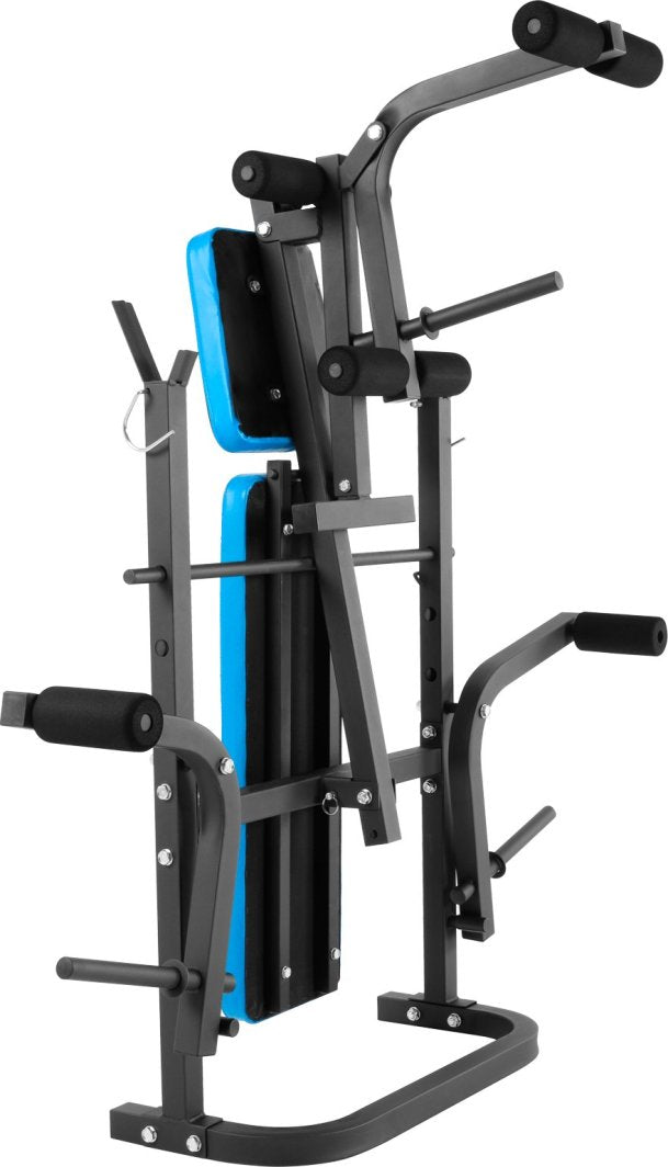 Multifunksjonell Treningsbenk vist med justerbar rygg, sete og stativ, egnet for styrketrening hjemme.