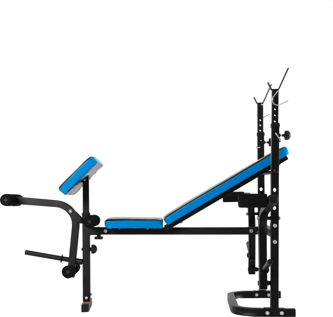 Justerbar Treningsbenk med blå og svart polstring, armcurlpute og metallramme, sett fra siden.