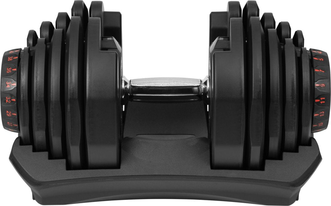 Hantel i sort metall og plast sett forfra, med riflet håndtak og røde tallmarkeringer på vektskivene.