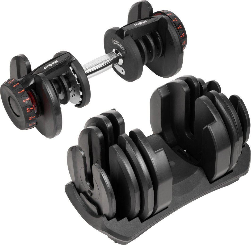 Hantel på 40 kg av støpejern med justerbar vekt, plassert på stativ for hjemmetrening, sett forfra.