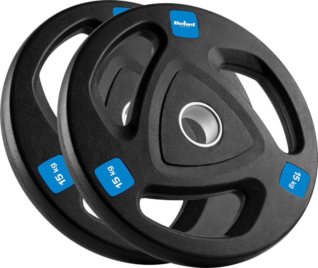 Vektskiver 50mm, to svarte 15 kg plater med blå markeringer, tre gripehull og metallforsterket senterhull.
