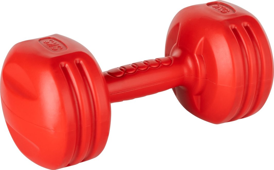 Håndvekt i rød plast med strukturgrep, vektmarkering på endene og dekorative riller, sett skrått forfra.