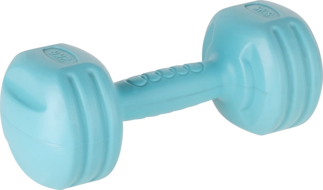 Hantler i lys blå plast med avrundede kanter, riller og 2 kg preget på endene, sett fra skrå vinkel.