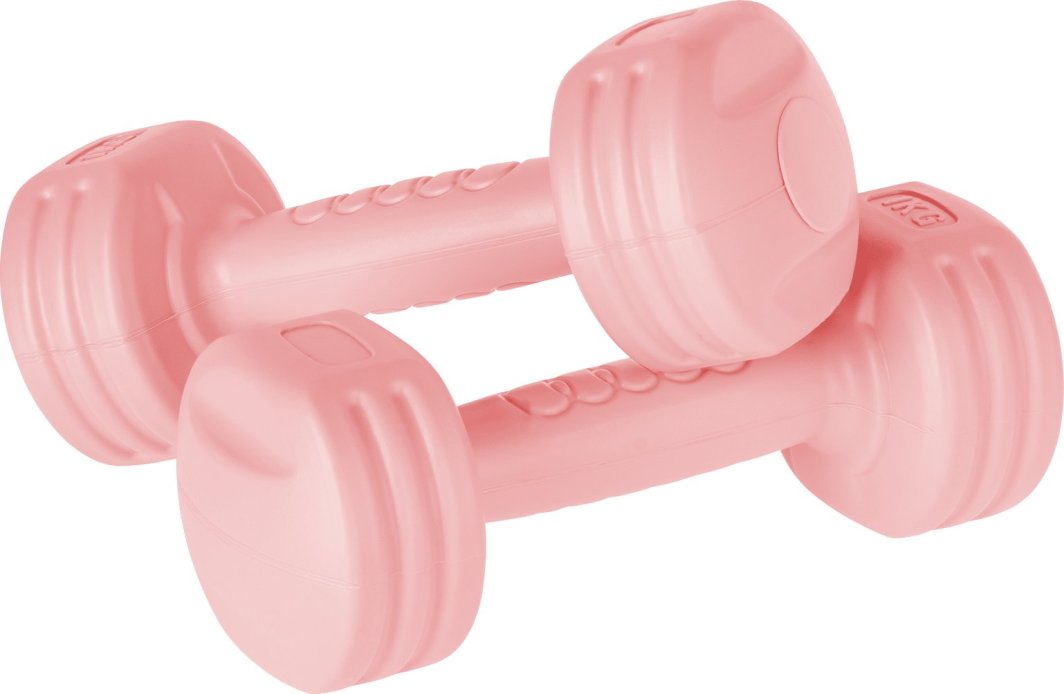 Håndvekt sett med åtte svarte bitumenske hantler på 1 kg hver, lagt på rad mot hvit bakgrunn.