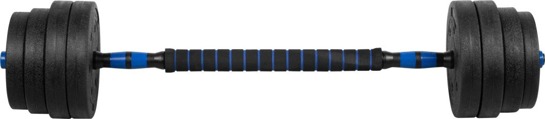Hantler 30kg sett med svarte bitumenske vektskiver, stang og blå detaljer, sett rett forfra.