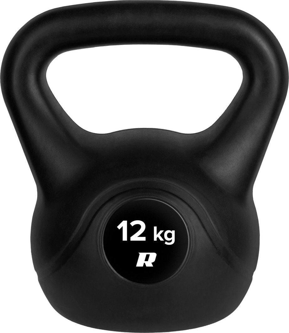 Kettlebell på 12 kg i sort plast med bredt håndtak, sett forfra. Vektangivelse tydelig i hvit tekst på fronten.