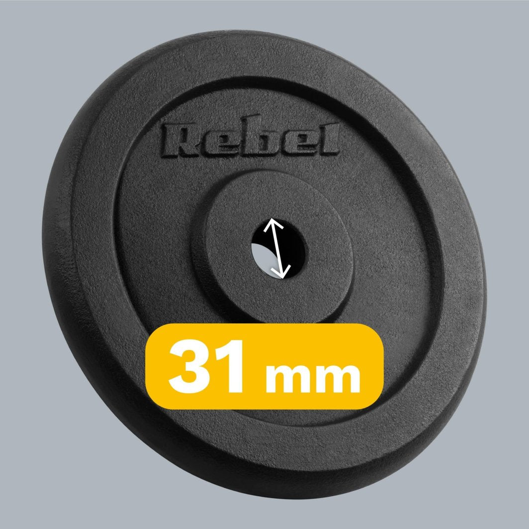 Vektskiver i støpejern på 2x10 kg med 31 mm hull, plassert side om side mot hvit bakgrunn.