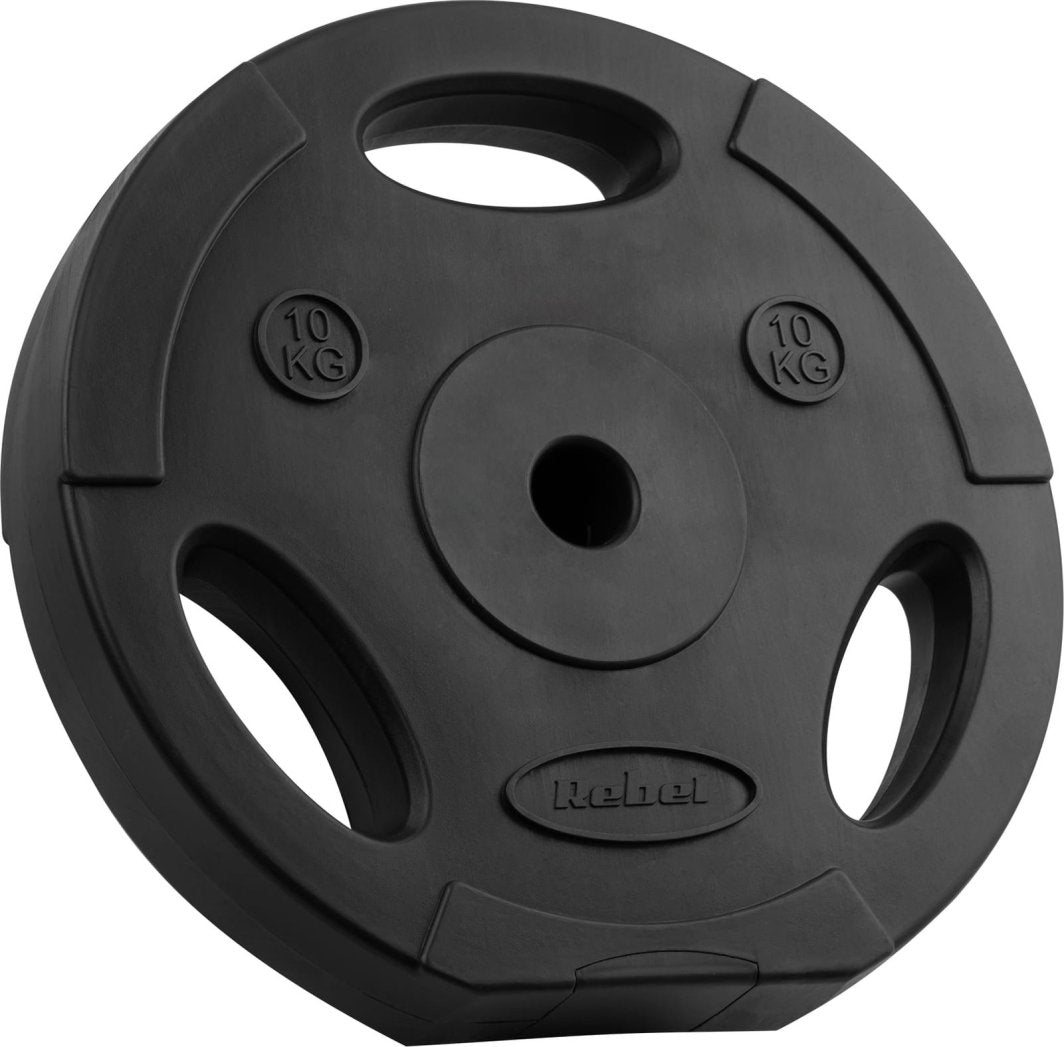 Vektplater på 10 kg hver i svart bitumen med 31 mm hull og integrerte grep, liggende side om side.