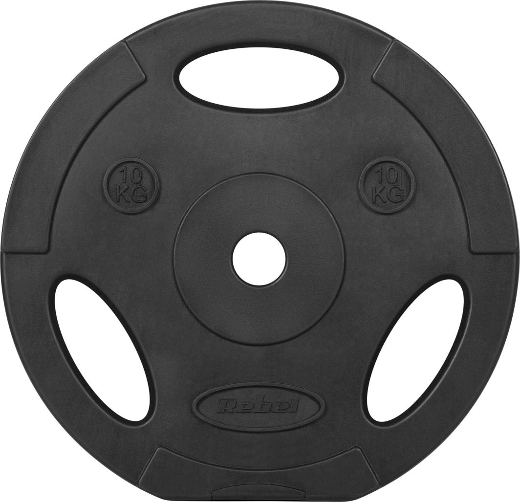 Bumper Plates, sort vektplate på 10 kg i gummi med tre gripehull og 31 mm hull til vektstang, sett forfra.