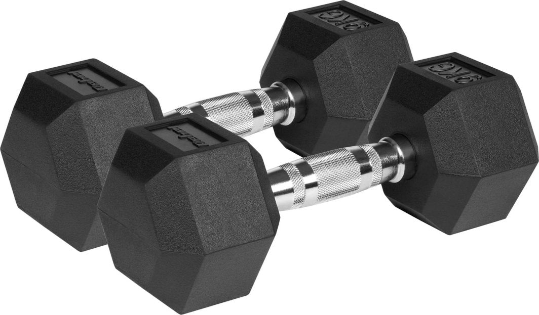 Manualer med sekskantede, sorte gummibelagte ender og riflet sølvhåndtak, fotografert fra skrå vinkel.