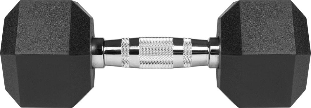 Manualer med sekskantede ender i sort gummi og sølvfarget, rillet grep, sett rett fra siden.