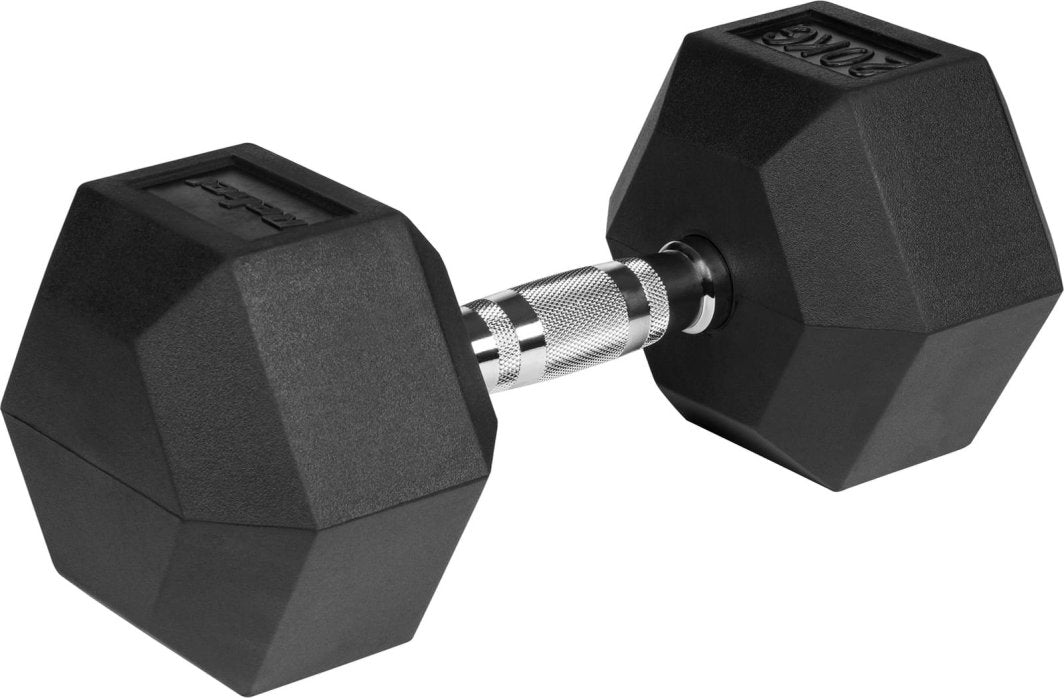 Dumbbells heksagonal manual 20kg i svart gummi med sølvfarget riflet håndtak, sett fra skrå vinkel.
