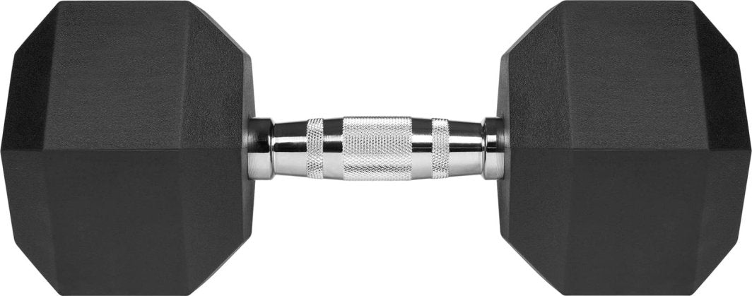 Manual med sekskantede, sorte gummibelagte ender og riflet metallhåndtak, sett fra siden mot håndtaket.