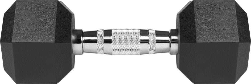 Manualer Sett, sekskantede hantler i svart gummi med sølvfarget, riflet metallhåndtak, sett fra siden.