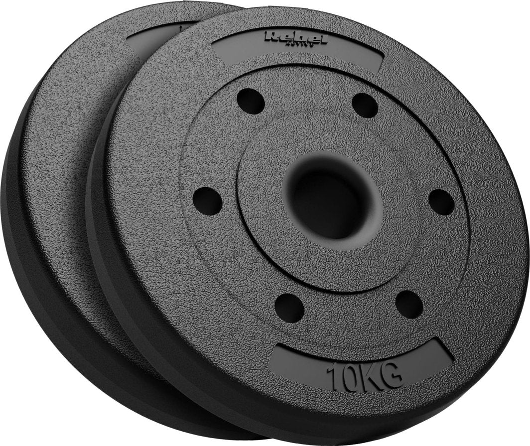 Vektskiver 2x10kg med 51mm hull i svart bitumen, tilpasset olympisk vektstang, sett fra siden.