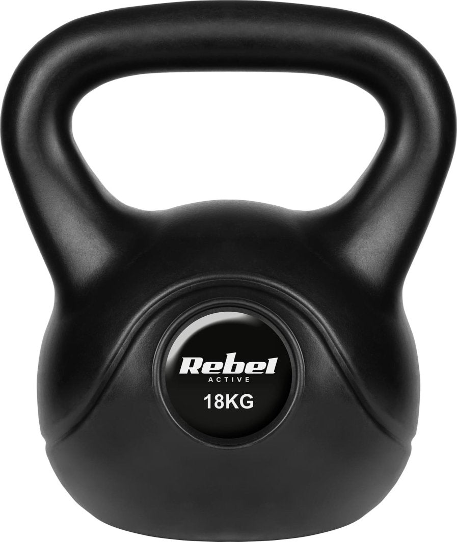 Kettlebells 18 kg fra Rebel Active, sort kule med håndtak og tydelig vektmerking og logo foran.