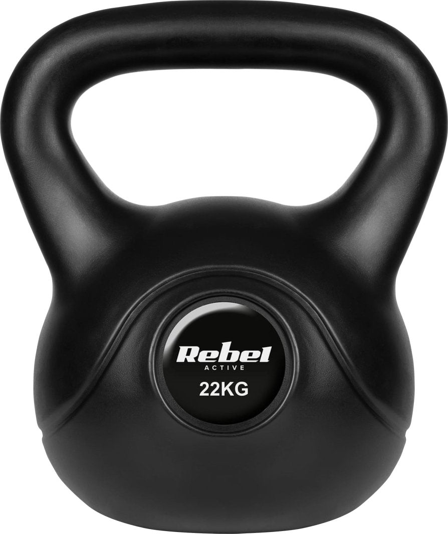 Kettlebells sort plastkettlebell med matt overflate, stort håndtak, vektangivelse og logo synlig foran.