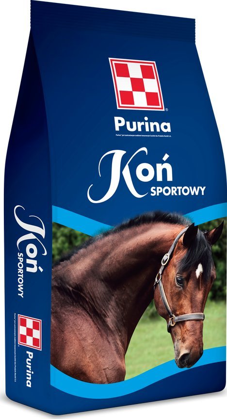 Hestefôr i stor 25 kg sekk fra Purina, merket for sportshest, med vitaminer og mineraler på emballasjen.
