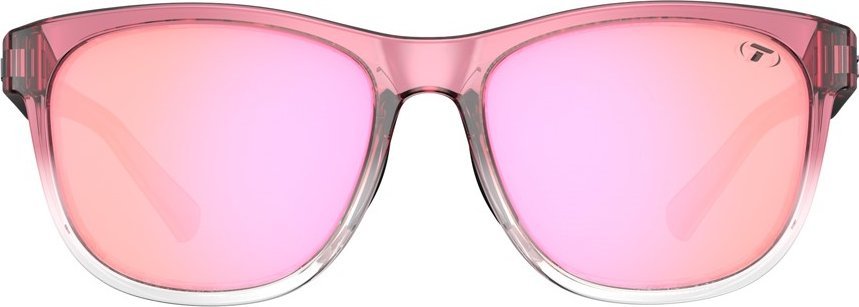 Sportsbriller med gjennomsiktig rosafarget ramme og rosa speilglass, sett rett forfra med klare detaljer.
