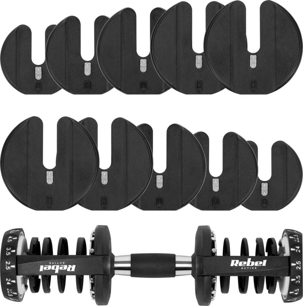 Justerbar Hantel sett ovenfra med sort manual, metallgrep og adskilte runde vektskiver for vektjustering.