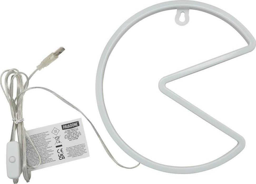 Løpebånd Pac-Man vegglampe i hvitt med utsnitt, USB-ledning og bryter synlig ved siden av lampen.