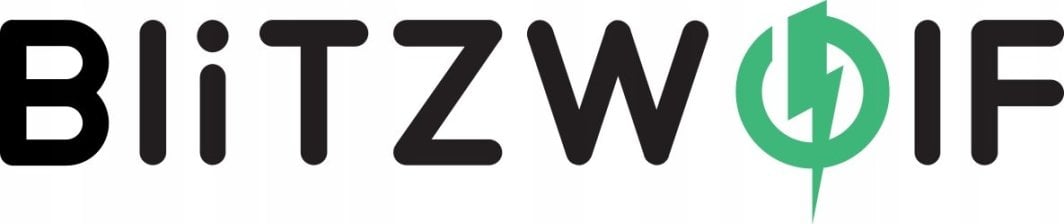 Tredemølle hjemme Blitzwolf logo i sort og grønt med grønn sirkel og lyn på hvit bakgrunn.