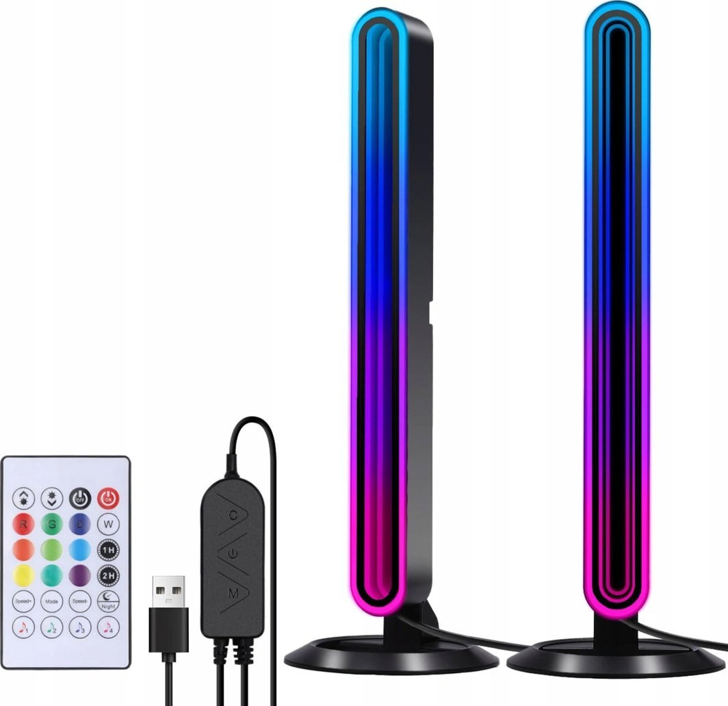 Walking Pad LED-lampe BlitzWolf BW-AL1 med fargeskift, sort base, fjernkontroll og USB-kabel.