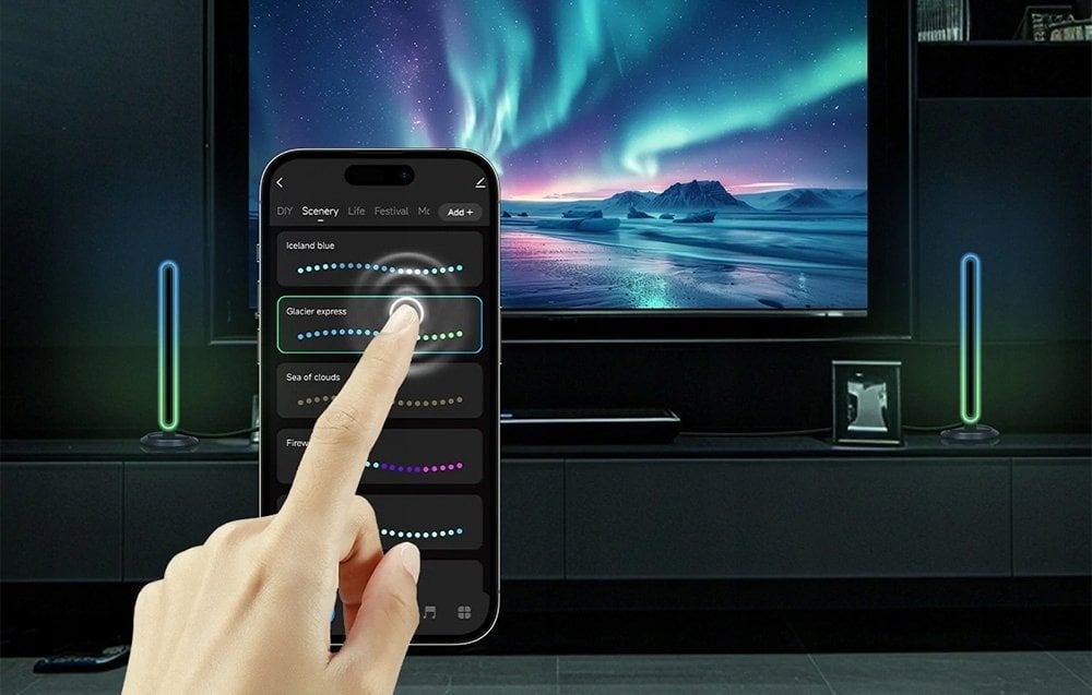 Tredemølle Lampe RGB Med Lydsynk og fjernkontroll styrt via mobil foran TV i mørkt rom.