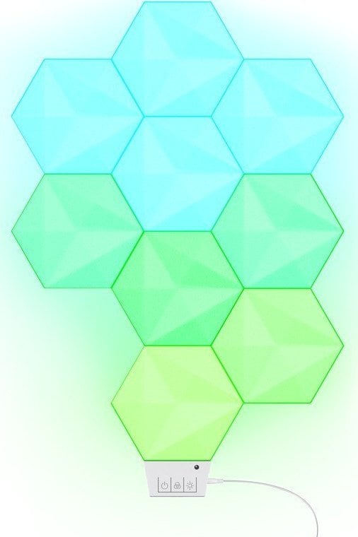Løpebånd Lyspanel RGB Hexagon med 9 LED-moduler, åtte paneler i blått og grønt, hvit kontrollenhet.