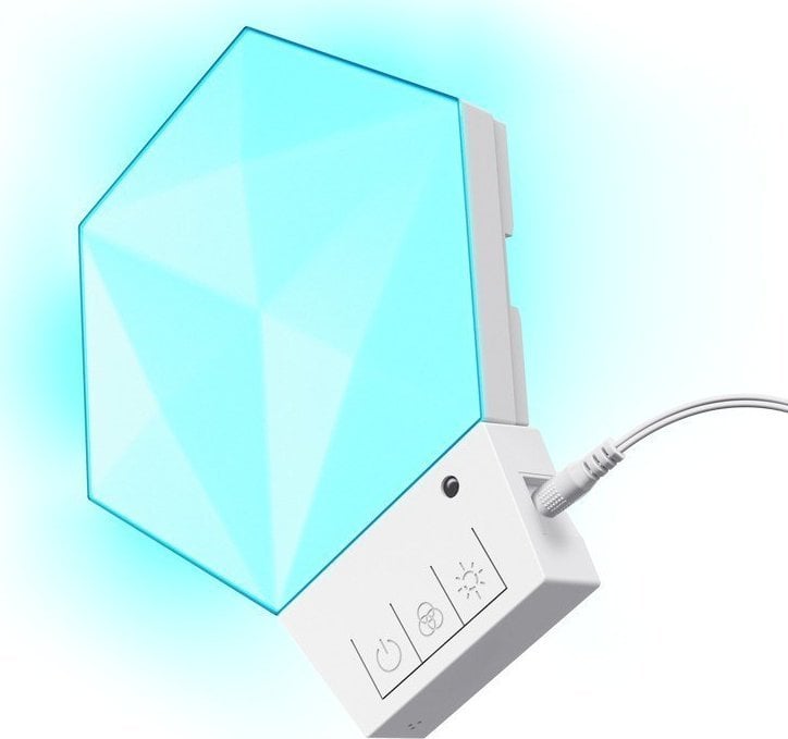 Sammenleggbar tredemølle Lyspanel RGB Hexagon med 9 LED-moduler sett fra skrå vinkel med blått lys.