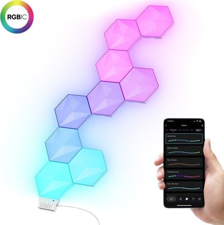 Tredemølle hjemme RGB Hexagon lyspanel med ni LED-moduler montert på vegg og mobilapp i hånd.