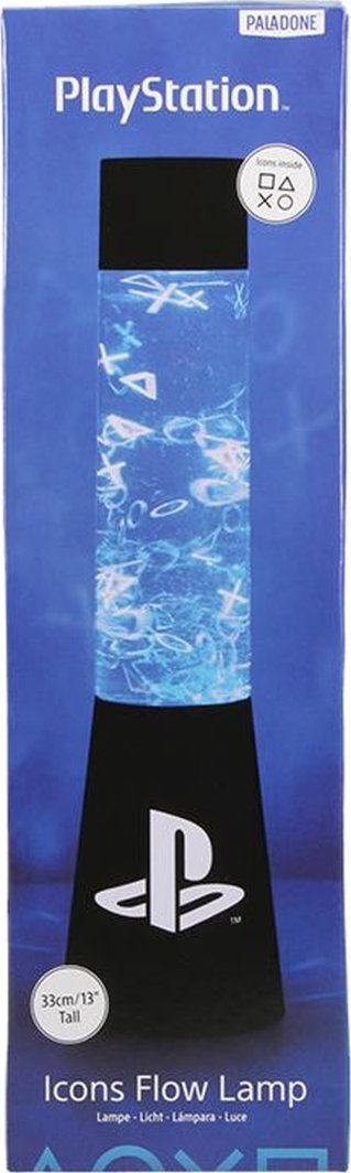 Løpebånd lampe PlayStation LED-gel 33cm med glitter, ikoner og PlayStation-logo på sokkelen.