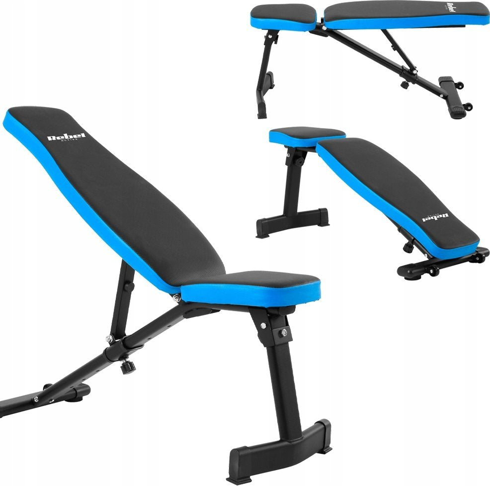 Treningsbenk Justerbar i svart med blå kant, polstret sete og rygg, solid metallramme, vist fra flere vinkler.