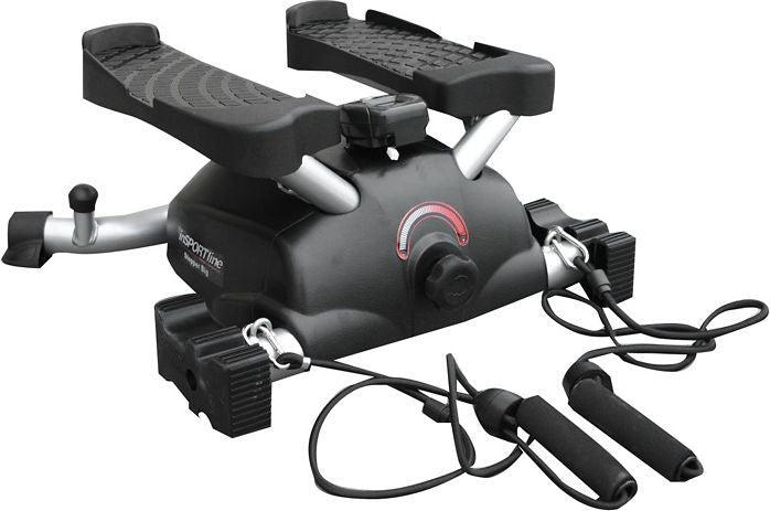 Mini Stepper i sort plast og metall med to pedalplater og strikker med håndtak, sett fra skrå vinkel.