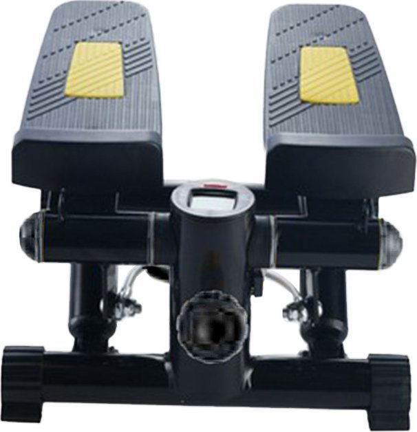 Mini Stepper i sort med gule antiskli-felt, sett forfra med synlig LCD-display og pedaler.